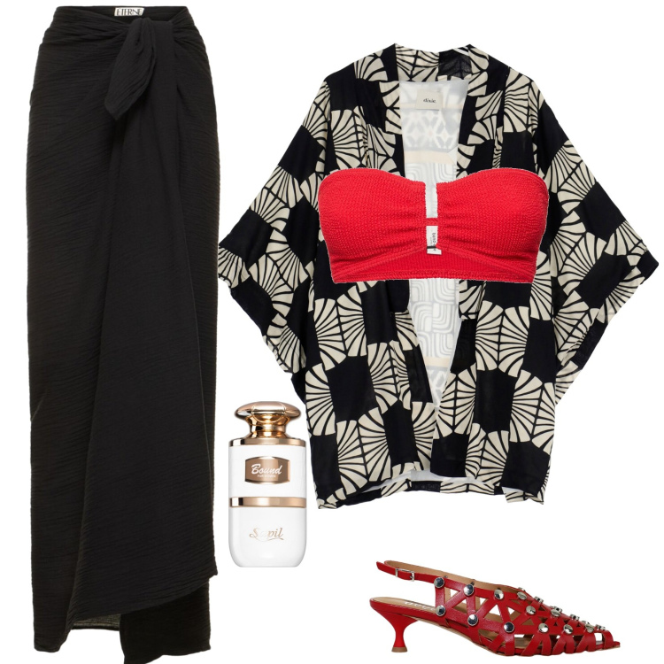 Outfit donna - Red passion. Stile Sexy per Serata fuori. Abbinamento con profumi, cardigans, sandali col tacco, gonne, top.