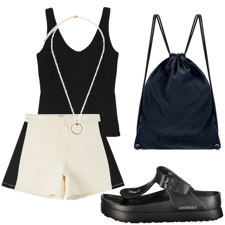 Outfit donna - Short. Stile Boho per Tutti i giorni. look ideale per Petite. Abbinamento con collane, shorts, zaini, top, infradito.
