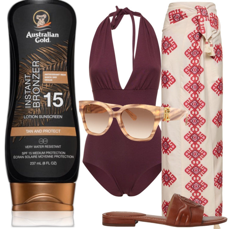 Outfit donna - A Saint Tropez. Stile Casual chic per Mare. Abbinamento con terre, sandali in pelle, occhiali da sole, vestiti da spiaggia, costumi interi.