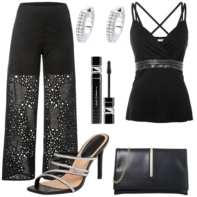 Outfit donna - Serata fuori. Stile Sexy per Serata fuori. Abbinamento con pantaloni, top, mascara, sandali col tacco, orecchini, pochette.