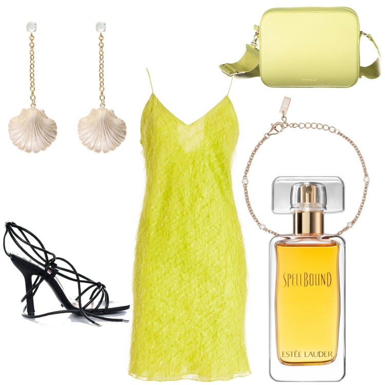 Outfit donna - Total look #1904792. Stile Glamour per Serata fuori. Abbinamento con profumi, braccialetti con ciondoli, sandali alla schiava, vestiti senza maniche, orecchini, borse a tracolla.