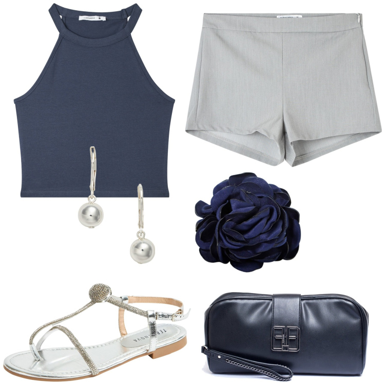 Outfit donna - Caldo estivo. Stile Chic per Tutti i giorni. Abbinamento con pantaloni corti, ciabatte, canottiere, pochette, braccialetti, orecchini.