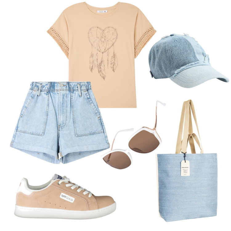 Outfit donna - Vado al supermercato. Stile Casual per Tutti i giorni. Abbinamento con occhiali da sole, t-shirt, shorts, cappelli, borse tote, sneakers.