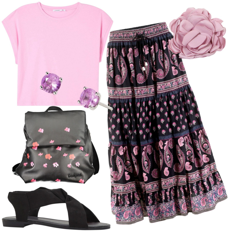 Outfit donna - Total look #1904858. Stile Romantica per Tutti i giorni. Abbinamento con gonne lunghe, sandali, t-shirt, orecchini, braccialetti, zaini.