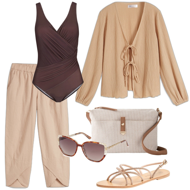 Outfit donna - Cappuccino. Stile Etnico per Mare. Abbinamento con costumi interi, cardigans, pantaloni, borse a tracolla, sandali, occhiali da sole.
