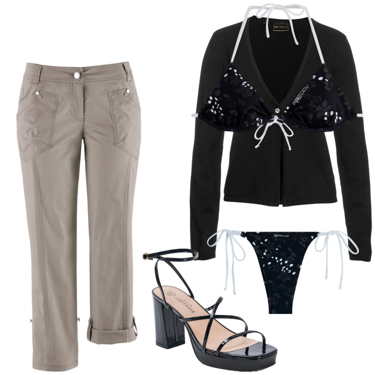 Outfit donna - Total look #1904878. Stile Casual chic per Mare. Abbinamento con cardigans, pantaloni capri, sandali in pelle, bikini, bikini.