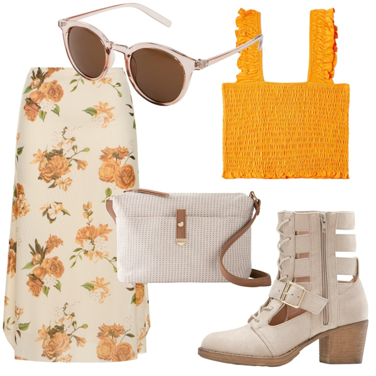 Outfit donna - Gita in campagna. Stile Bon Ton per Tutti i giorni. look ideale per Petite. Abbinamento con occhiali da sole, borse a tracolla, stivaletti, top, gonne longuette.