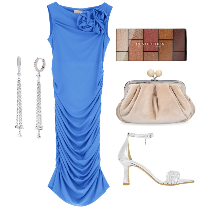 Outfit donna - Ghost outfitter - giugno. Stile Glamour per Cerimonia. Abbinamento con ombretti, orecchini, décolleté, vestiti corti, pochette.