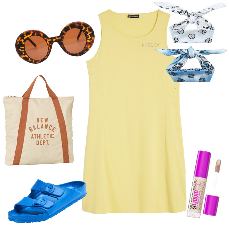 Outfit donna - Spesa sotto casa. Stile Basic per Tutti i giorni. Abbinamento con correttori, sandali in pelle, fasce per capelli, borse a mano, vestiti senza maniche, occhiali da sole.