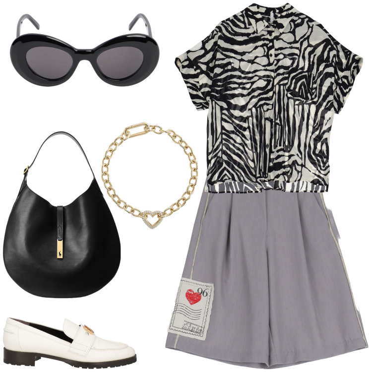 Outfit donna - Total look col cuore. Stile Urban per Tutti i giorni. Abbinamento con mocassini, braccialetti, camicie a manica corta, bermuda, borse a spalla, occhiali da sole.
