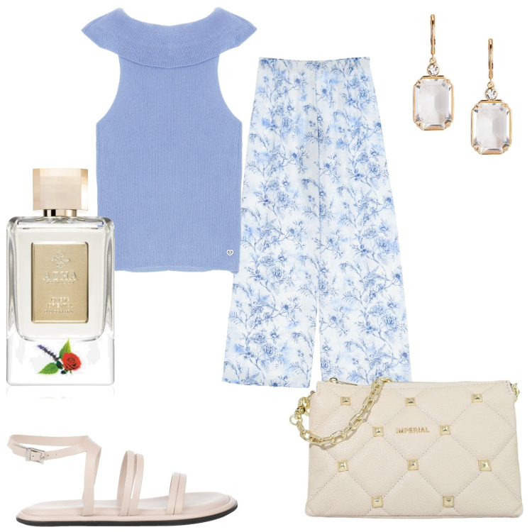 Outfit donna - La vita in fiori. Stile Glamour per Tutti i giorni. Abbinamento con sandali in pelle, profumi, top, pantaloni, pochette, orecchini.