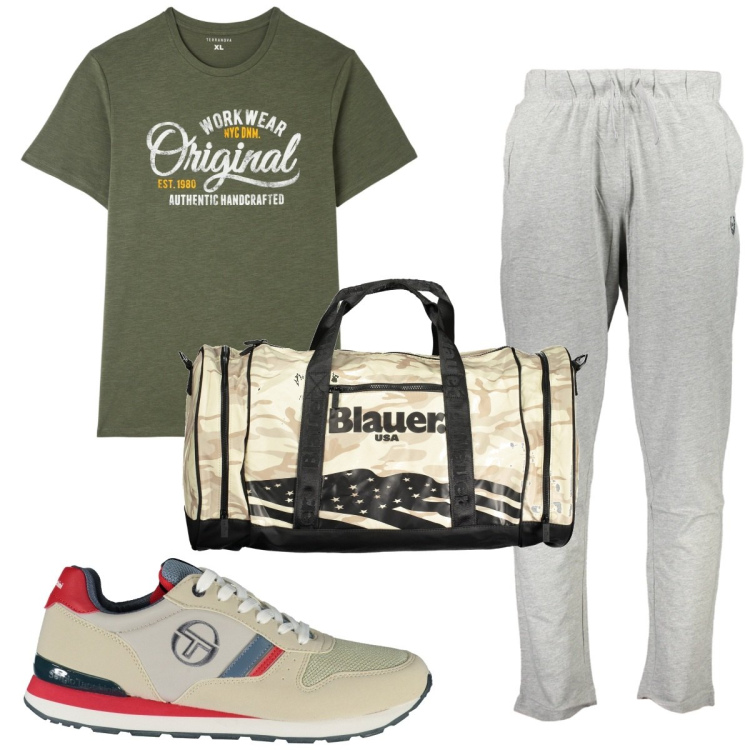 Outfit uomo - Total look #1904913. Stile Trendy per Sport. Abbinamento con t-shirt, pantaloni, borse sportive, scarpe sportive.