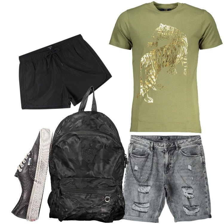 Outfit uomo - Total look #1904932. Stile Trendy per Mare. Abbinamento con costumi, bermuda, sneakers, borse sportive, t-shirt.