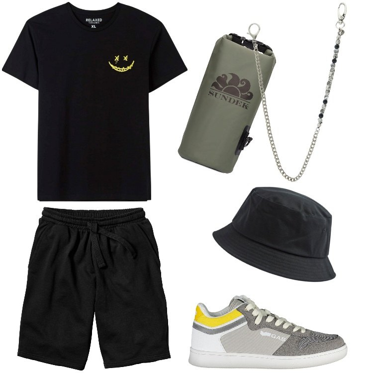 Outfit uomo - Total look #1904934. Stile Urban per Tutti i giorni. Abbinamento con bermuda, cappelli, t-shirt, collane, scarpe sportive, borse sportive.