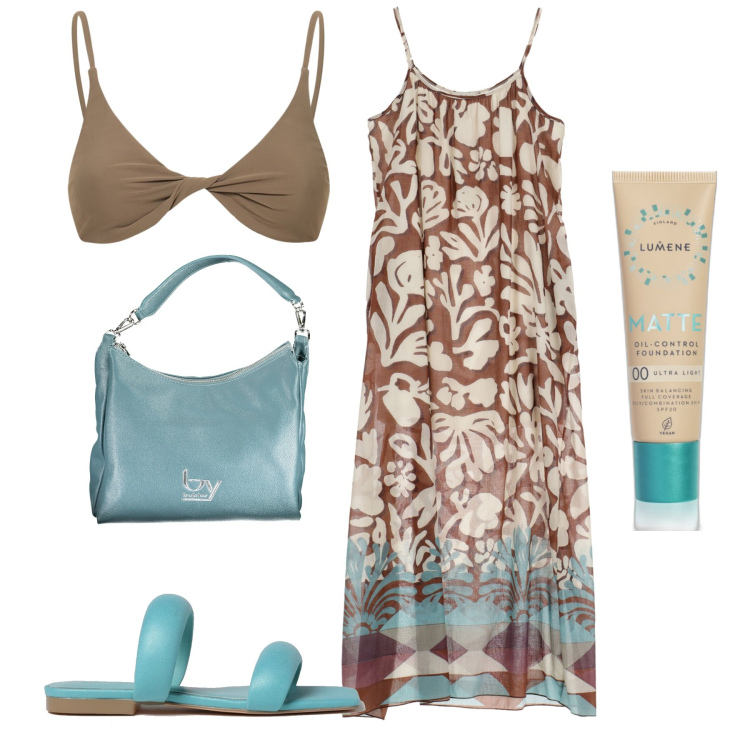 Outfit donna - Mare. Stile Casual chic per Mare. Abbinamento con fondotinta, vestiti lunghi, bikini, sandali in pelle, borse a spalla.