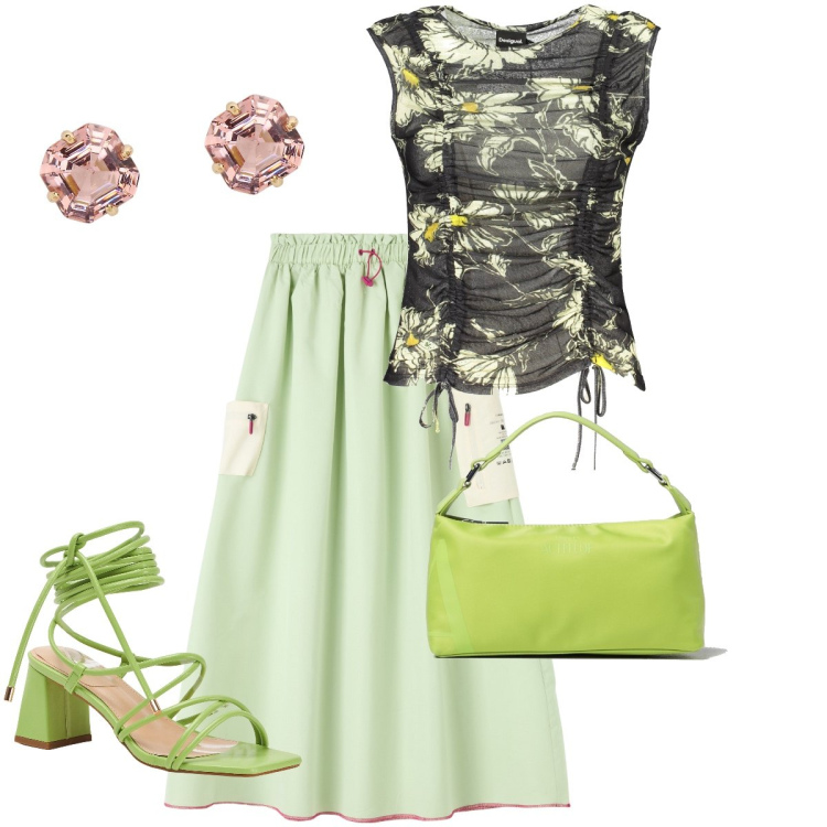 Outfit donna - Nei toni del verde. Stile Bon Ton per Serata fuori. Abbinamento con gonne lunghe, sandali alla schiava, orecchini, canottiere, borse a spalla.