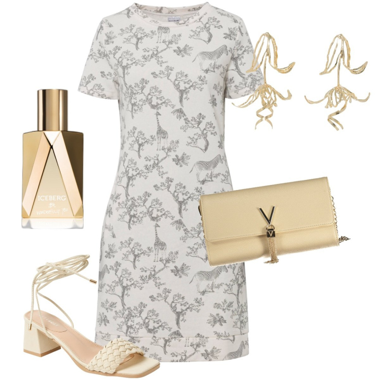 Outfit donna - Giungla sul vestito. Stile Bon Ton per Serata fuori. Abbinamento con vestiti, profumi, sandali alla schiava, orecchini, borse a mano.