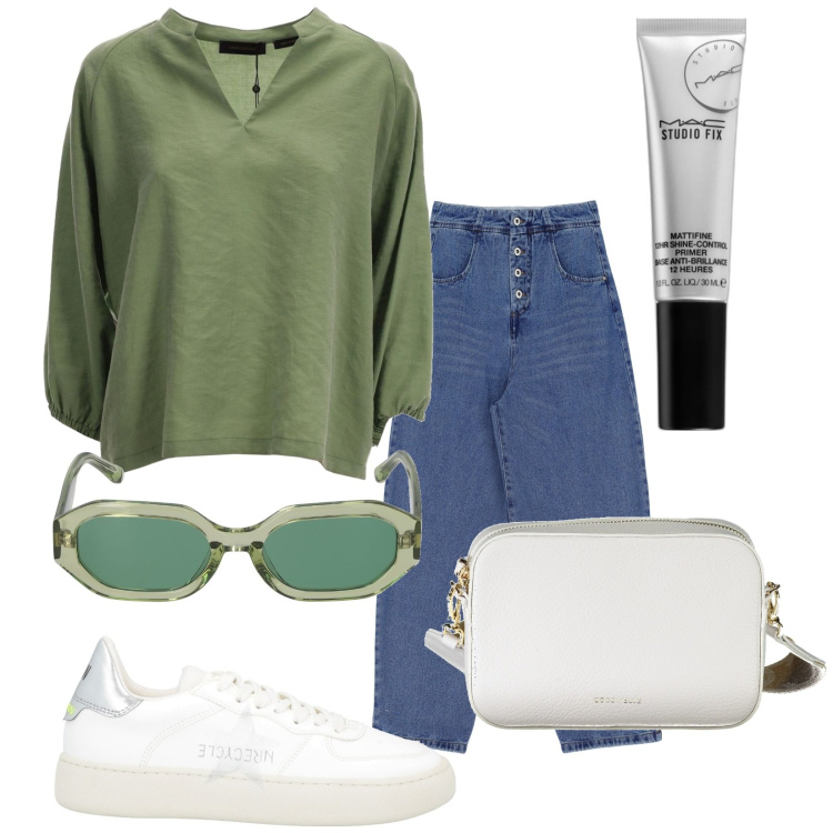 Outfit donna - Oggi blusa. Stile Basic per Tutti i giorni. Abbinamento con sneakers, primer, jeans, borse a tracolla, bluse, occhiali da sole.