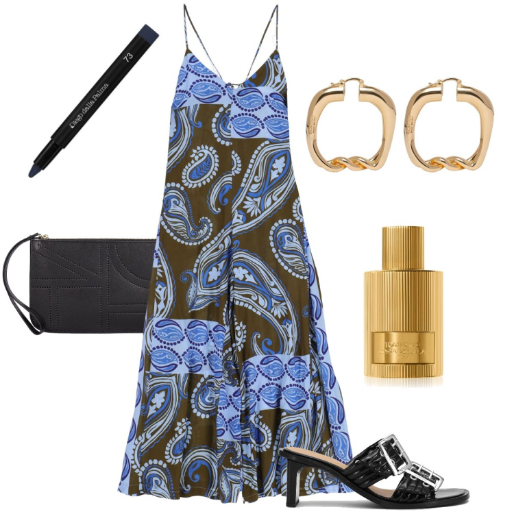 Outfit donna - Fantasia boho. Stile Boho per Serata fuori. Abbinamento con ombretti, profumi, tute, orecchini, pochette, zoccoli.