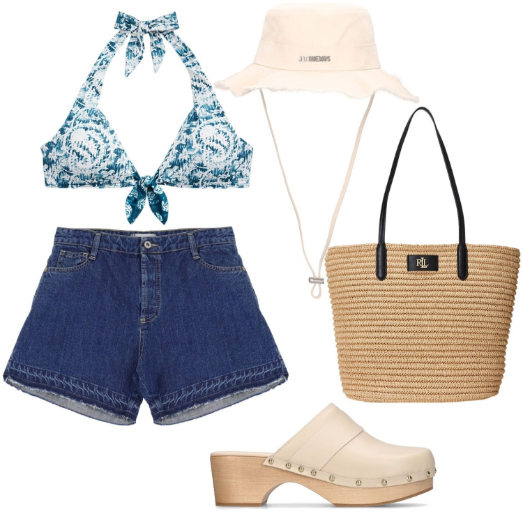 Outfit donna - Per le strade di Cannes. Stile Trendy per Mare. Abbinamento con pantaloni corti, top, borse tote, cappelli, ciabatte.