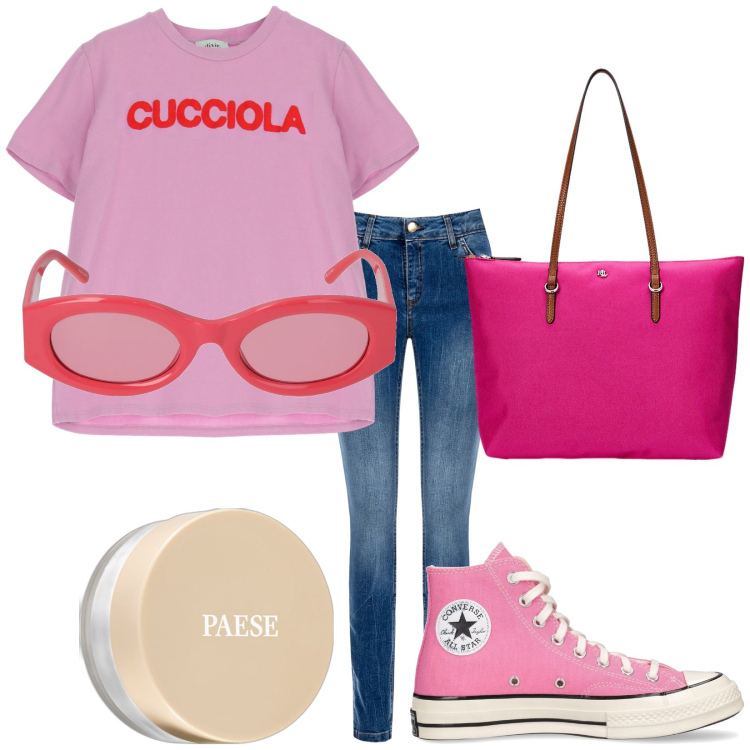 Outfit donna - Total look #1904964. Stile Trendy per Tutti i giorni. Abbinamento con ciprie, jeans skinny, borse tote, t-shirt, sneakers, occhiali da sole.