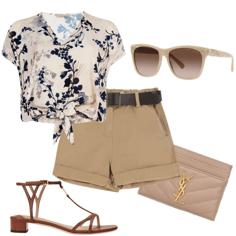 Outfit donna - La blusa floreale. Stile Casual chic per Tutti i giorni. Abbinamento con bluse, shorts, occhiali da sole, sandali in pelle, portafogli.