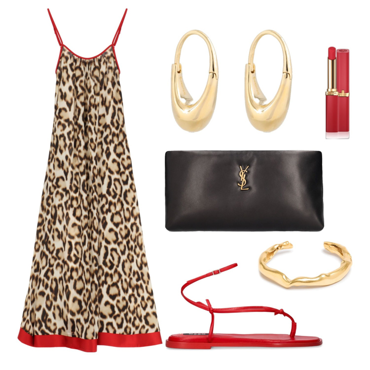 Outfit donna - estiva trendy. Stile Glamour per Serata fuori. Abbinamento con rossetti, vestiti lunghi, sandali in pelle, pochette, orecchini, braccialetti.