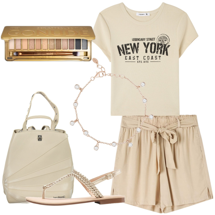 Outfit donna - Neutri a luglio. Stile Basic per Tutti i giorni. Abbinamento con ciabatte, ombretti, t-shirt, shorts, braccialetti, zaini.