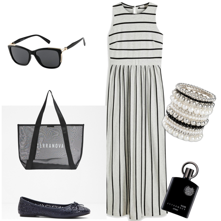 Outfit donna - Perle e righe. Stile Urban per Tutti i giorni. Abbinamento con braccialetti, occhiali da sole, vestiti lunghi, ballerine, profumi, shopping bag.