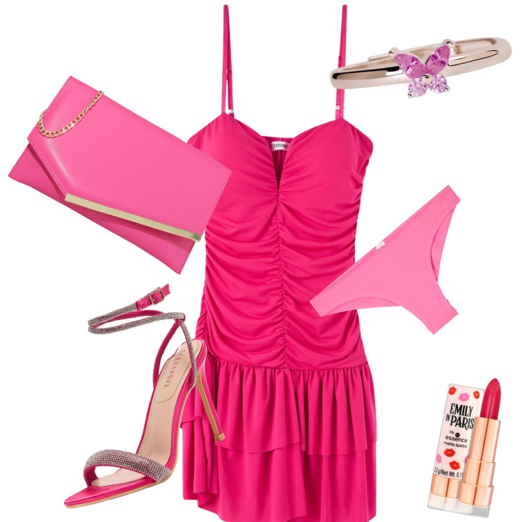 Outfit donna - Total look disco. Stile Sexy per Serata fuori. Abbinamento con rossetti, culotte, vestiti, sandali col tacco, anelli, pochette.