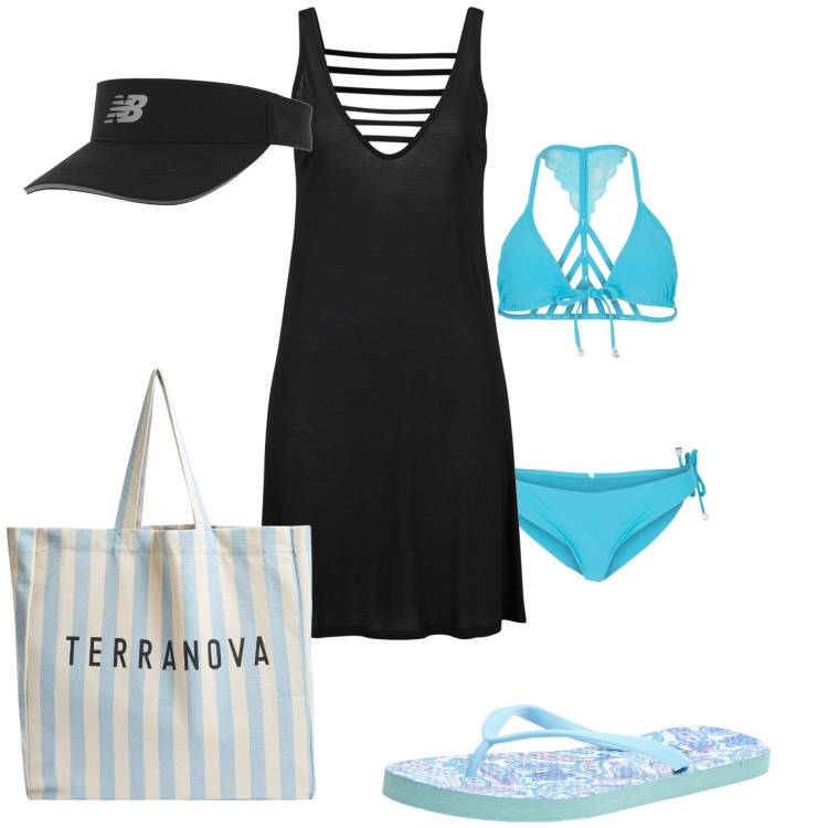 Outfit donna - Giochi di intrecci. Stile Casual chic per Mare. Abbinamento con vestiti da spiaggia, bikini, cappelli con visiera, infradito, borse tote.