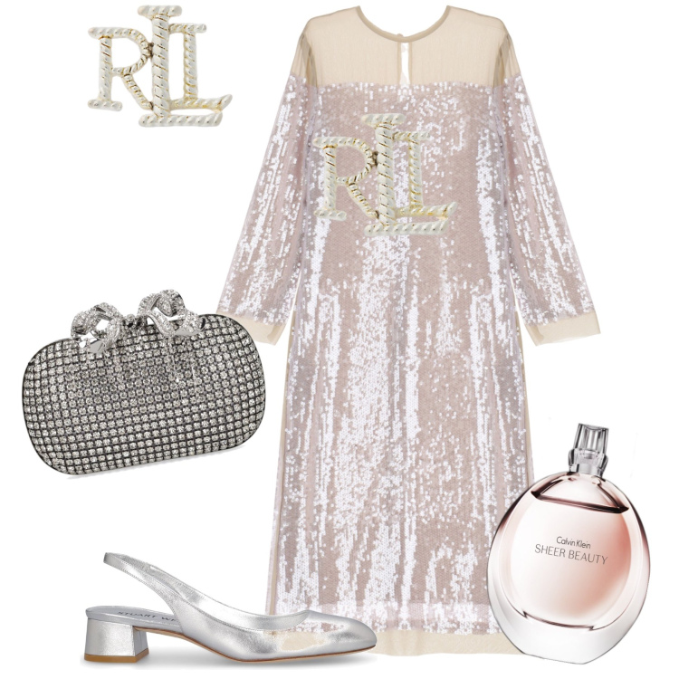 Outfit donna - Comoda in paillettes. Stile Chic per Cerimonia. Abbinamento con profumi, vestiti midi/longuette, orecchini, décolleté, pochette.
