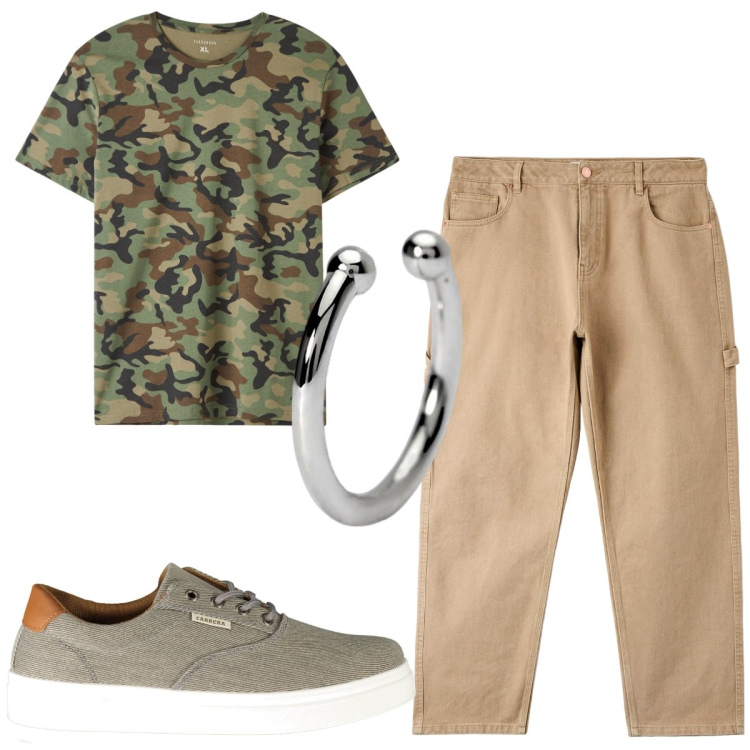 Outfit uomo - Total look #1905009. Stile Trendy per Tutti i giorni. Abbinamento con orecchini, t-shirt, pantaloni, sneakers.