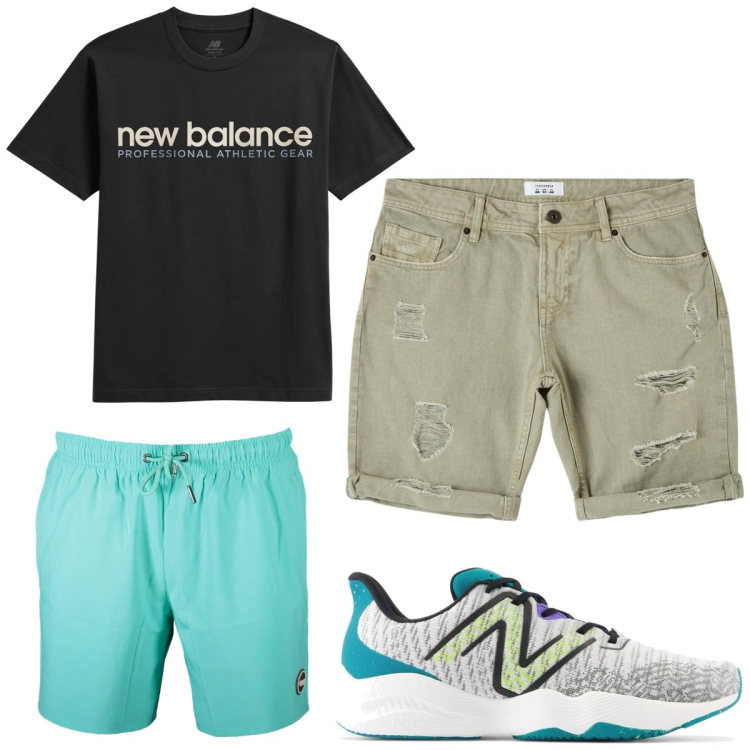Outfit uomo - Total look #1905018. Stile Trendy per Mare. Abbinamento con bermuda, t-shirt, sneakers, costumi.