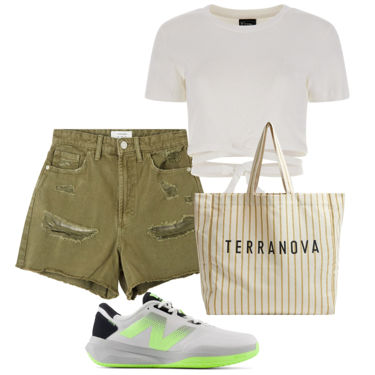 Outfit donna - Mattina. Stile Casual per Tutti i giorni. Abbinamento con shorts, borse tote, sneakers, top.