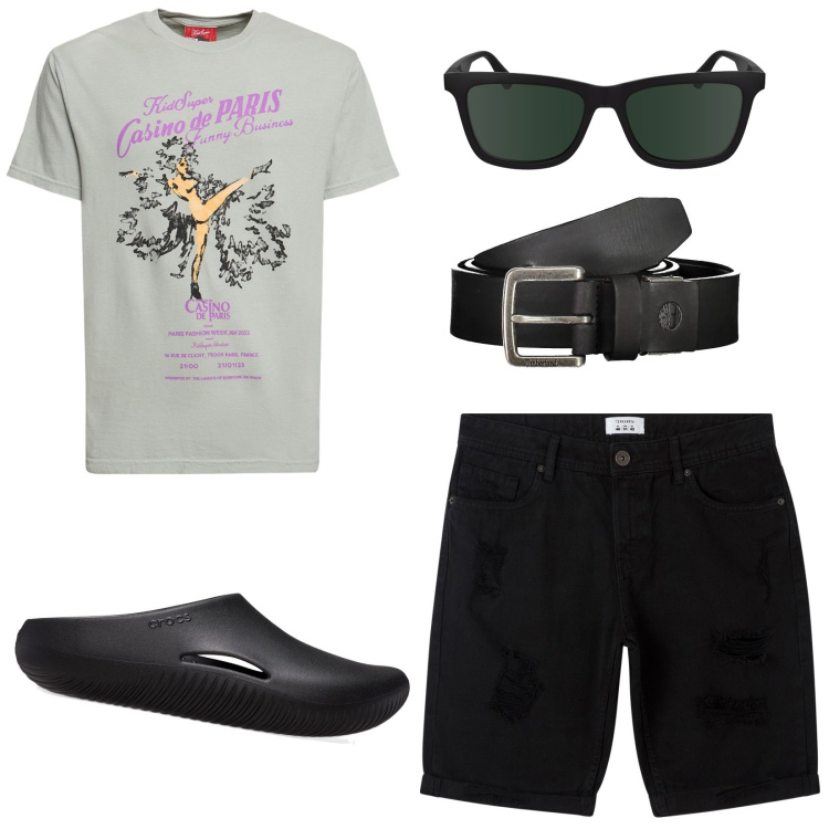 Outfit uomo - T-shirt con stampa. Stile Urban per Tutti i giorni. Abbinamento con bermuda, sandali, t-shirt, cinture, occhiali da sole.