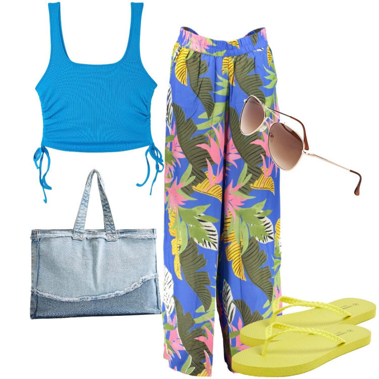 Outfit donna - I pantaloni jungle. Stile Trendy per Mare. Abbinamento con occhiali da sole, canottiere, infradito, shopping bag, pantaloni.