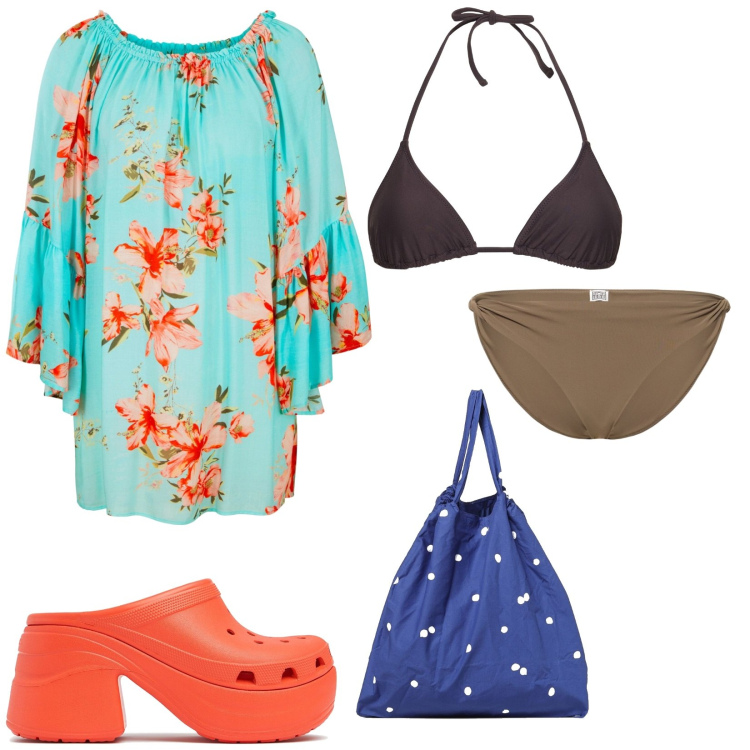 Outfit donna - Mare mare. Stile Trendy per Mare. Abbinamento con vestiti da spiaggia, borse tote, bikini, bikini, zoccoli.