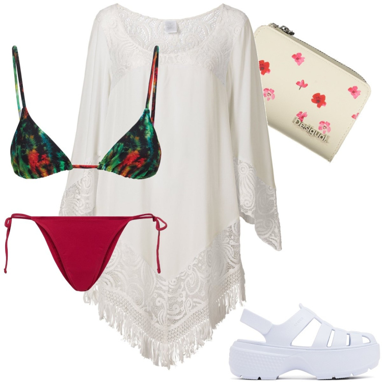 Outfit donna - Pronta per il mare. Stile Bon Ton per Mare. Abbinamento con vestiti da spiaggia, portafogli, bikini, bikini, sandali.