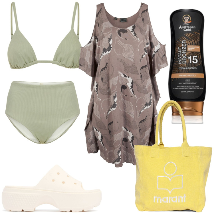 Outfit donna - E mare sia. Stile Basic per Mare. Abbinamento con vestiti da spiaggia, terre, bikini, ciabatte, shopping bag, bikini.