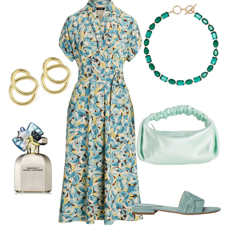 Outfit donna - Fantasia di fiori. Stile Bon Ton per Serata fuori. Abbinamento con borse a mano, profumi, vestiti, sandali in pelle, collane, orecchini.