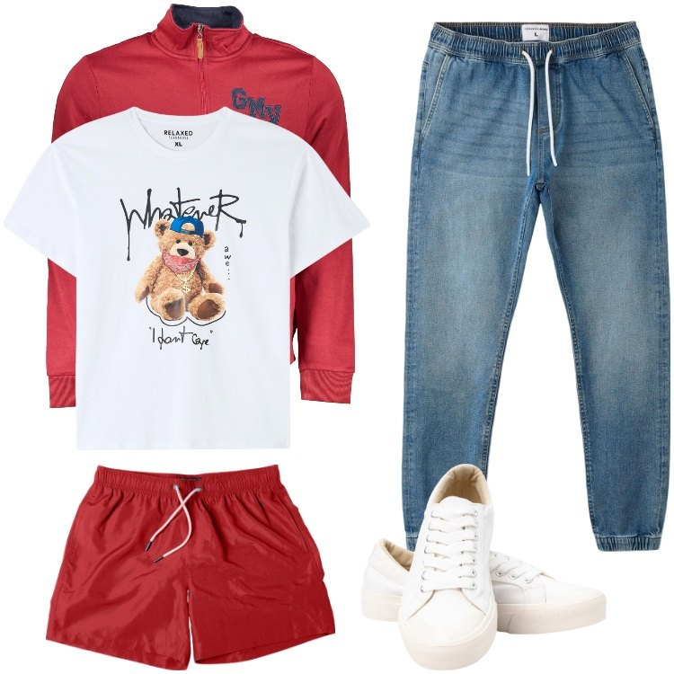 Outfit uomo - Total look #1905086. Stile Trendy per Mare. Abbinamento con t-shirt, jeans, felpe, sneakers, costumi.