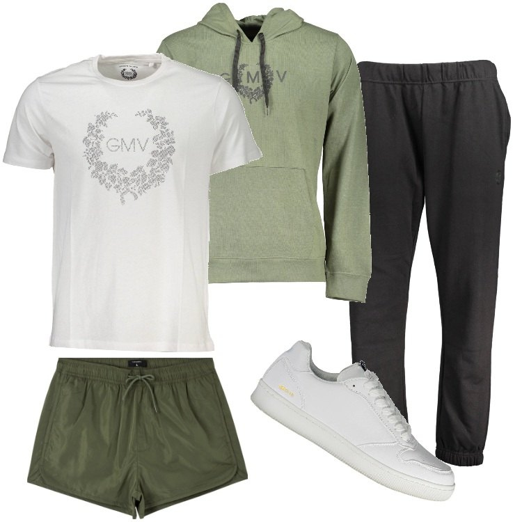 Outfit uomo - Total look #1905093. Stile Trendy per Mare. Abbinamento con costumi, felpe con cappuccio, scarpe sportive, pantaloni, t-shirt.