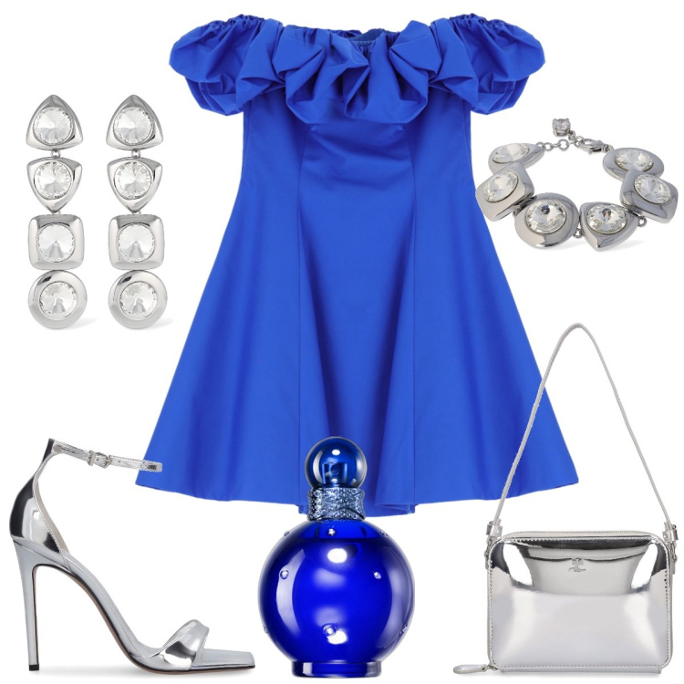 Outfit donna - Festa. Stile Glamour per Serata fuori. Abbinamento con profumi, vestiti corti, borse a spalla, orecchini, braccialetti, sandali in pelle.