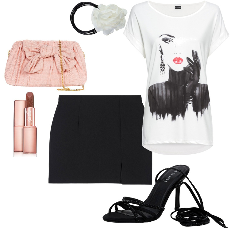 Outfit donna - T-shirt con stampa attraente. Stile Casual chic per Serata fuori. Abbinamento con maglieria, rossetti, minigonne, sandali alla schiava, pochette, collane.