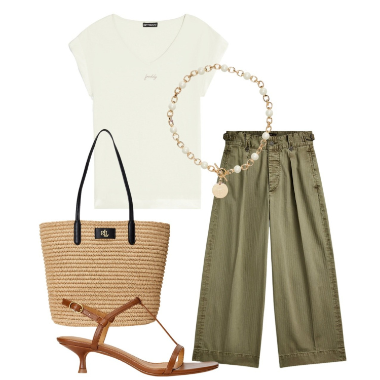 Outfit donna - Passeggiare in città. Stile Bon Ton per Tutti i giorni. Abbinamento con t-shirt, pantaloni, collane, sandali col tacco, borse tote.