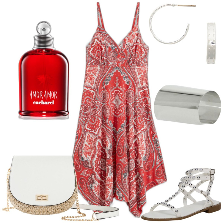 Outfit donna - In vacanza. Stile Boho per Tutti i giorni. Abbinamento con borse a tracolla, vestiti, profumi, sandali, braccialetti, orecchini.