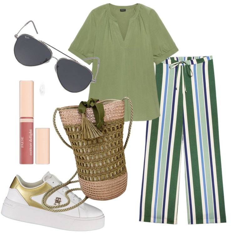 Outfit donna - Comoda e fresca. Stile Casual per Tutti i giorni. Abbinamento con gloss, borse a secchiello, sneakers, bluse, pantaloni, occhiali da sole.