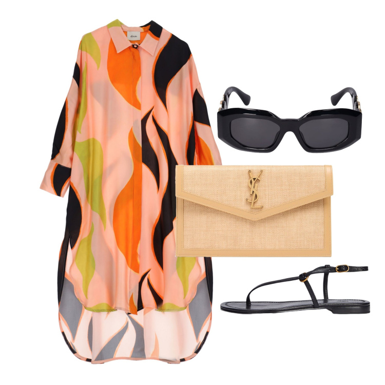 Outfit donna - Ghost outfitter - giugno. Stile Casual chic per Tutti i giorni. Abbinamento con vestiti asimmetrici, sandali in pelle, pochette, occhiali da sole.