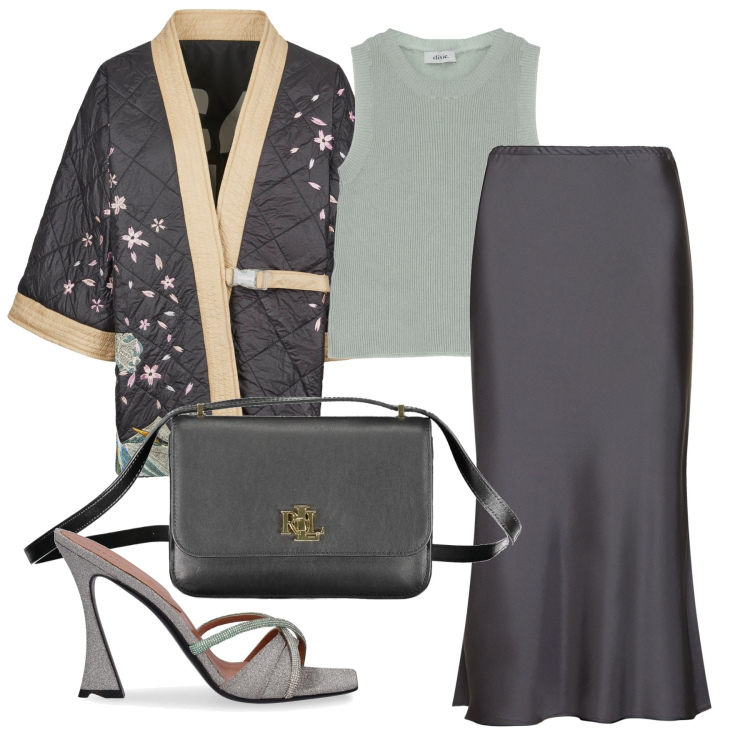 Outfit donna - Ghost outfitter - giugno. Stile Casual chic per Tutti i giorni. Abbinamento con top, kimono, gonne longuette, borse a tracolla, sandali in pelle.